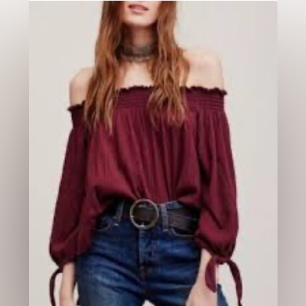 We The Free Burgundy Off-the-Shoulder Long Sleeve Top